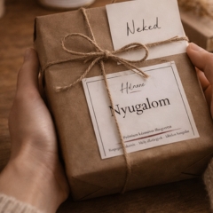 ajándék csomag természetes termékkel, gondosan becsomagolva, különleges alkalomra