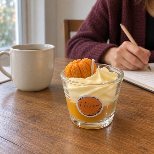 Pumpkin Spice desszertgyertya faasztalon, bögre és nyitott jegyzetfüzet mellett